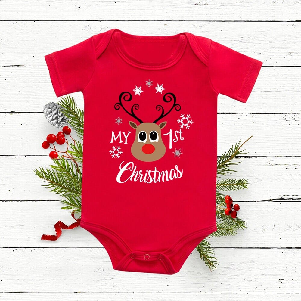 Christmas Deer Tree Print Baby Red Romper - Baby Bubble Store